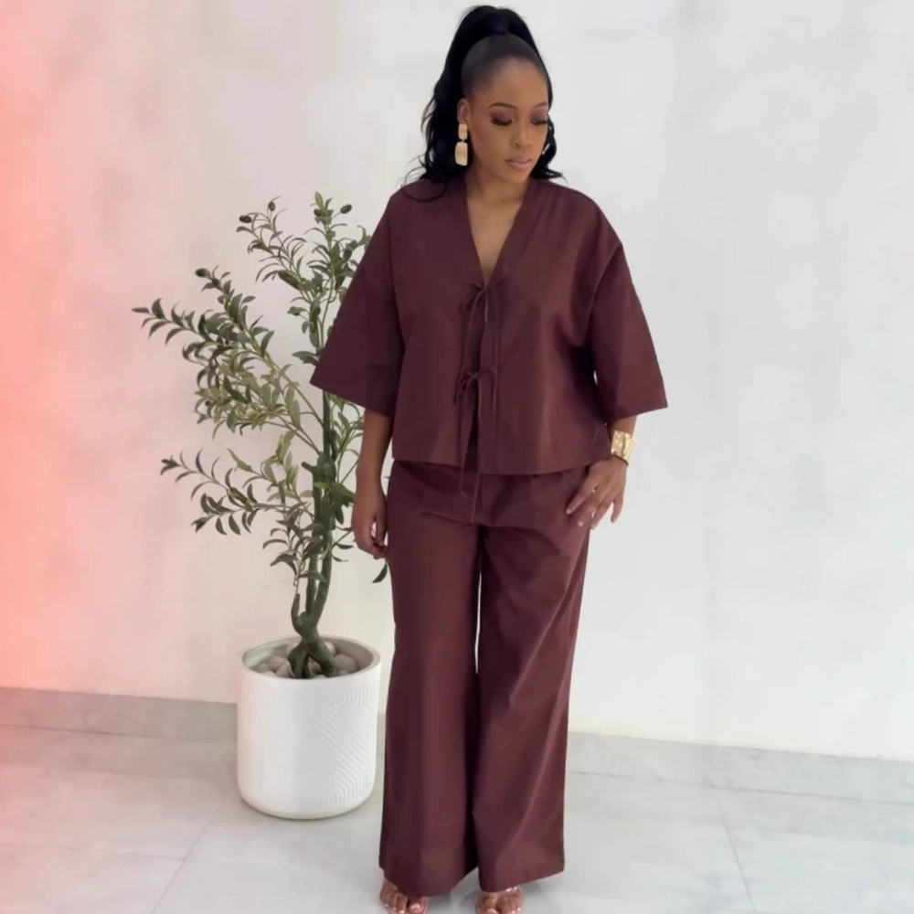 ZARA Casual Loose Tie Top Wide Leg Pants Set Plus Size Women African Style